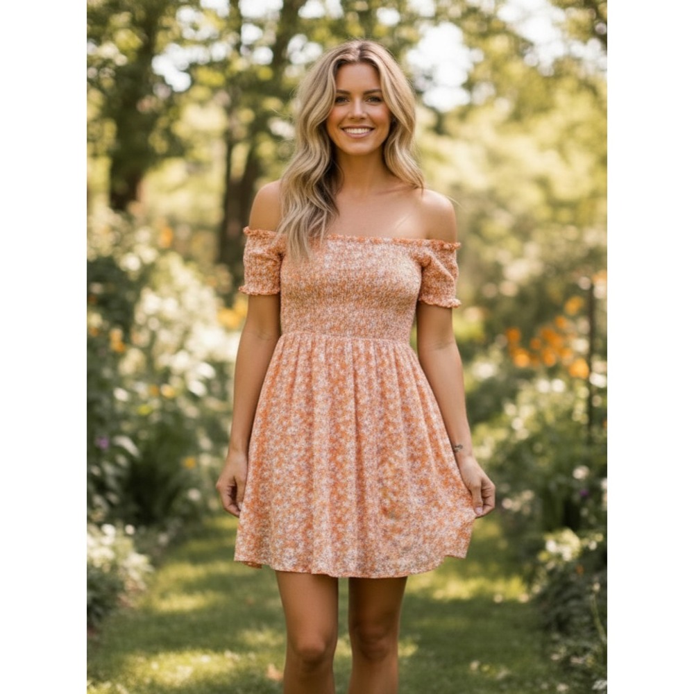 Lulus S Dress Orange Floral Off Shoulder Mini Smocked Boho Cottage Coquette Chic